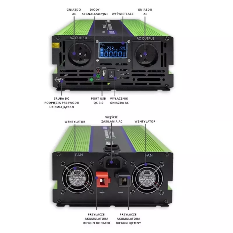 Qoltec Monolith įtampos keitiklis | Baterijos įkrovimas | UPS | 2000W | 4000W | 12V į 230V | Grynas sinusas | LCD juodas-žalias