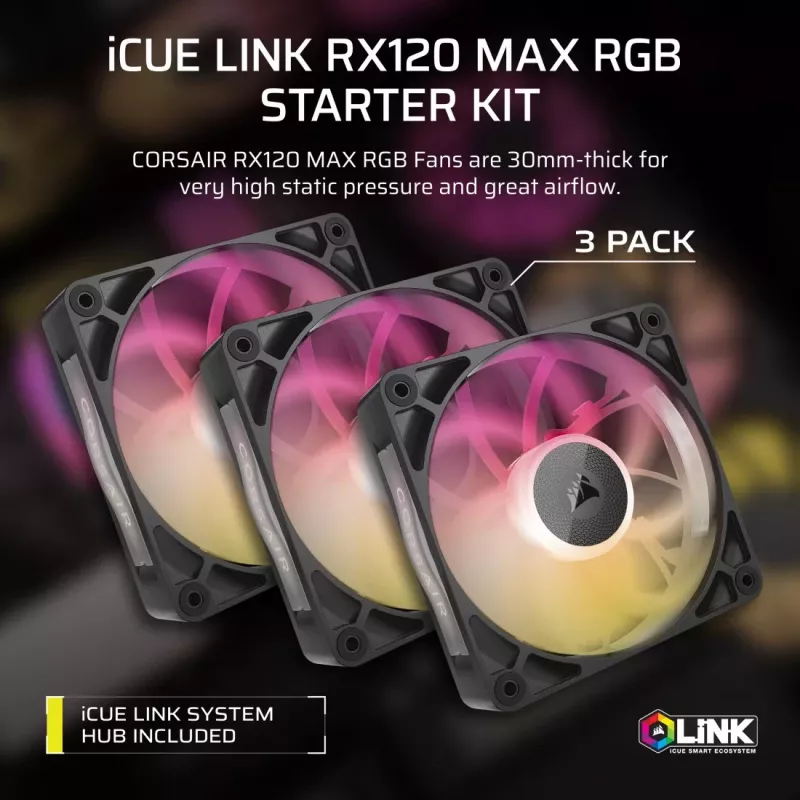 Corsair iCUE LINK RX120 MAX ARGB 120 mm korpuso ventiliatoriai 3 vnt. komplektas juodi