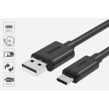 USB-C į USB-A duomenų ir įkrovimo laidas Unitek C14067BK 1,5 m, juodas, USB-C (vyriškas) į USB-A (vyriškas)