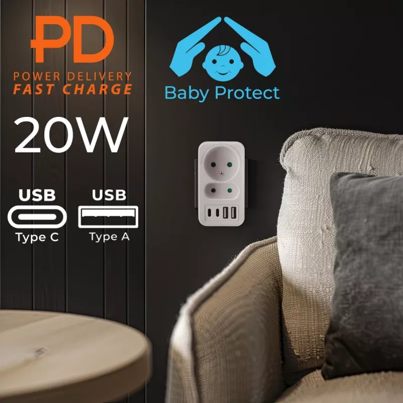Maitinimo skirstytuvas MACLEAN MCE249 F/W – 2x kištukiniai lizdai (16A + 6A) ir 4x USB (2x A, 2x C PD 20W)