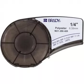 Lipnių etikečių juosta Brady M21-250-423, terminio perkėlimo poliesteris, juoda ant baltos, 6,35 mm x 6,4 m