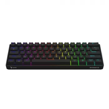 Mechaninė žaidimų klaviatūra SAVIO BLACKOUT X2 PEACH — 61 klavišų 60% QWERTY, RGB LED, hot-swap, USB Type-A/Type-C, atjungiamas kabelis