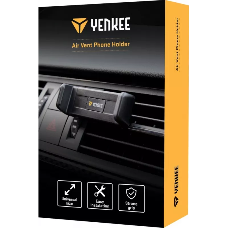 Automobilinis laikiklis telefonui YENKEE YSM 201BK – ventiliacijos grotelių tvirtinimas, reguliuojamas kampas, juodos spalvos, tinka iki 6,5 colio ekranams (50–85 mm)