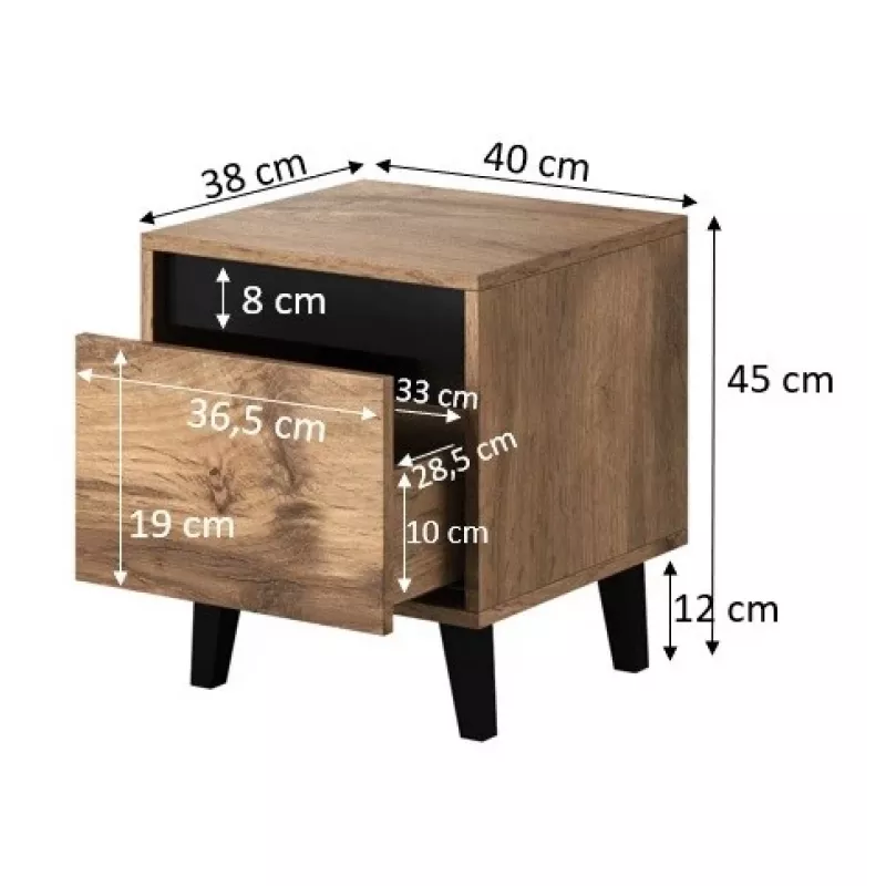 Naktinis stalelis cama meble NORD, 2 vnt., 40×38×45 cm, ąžuolo votanas/antracitas, 1 stalčius, 16 mm rėmas