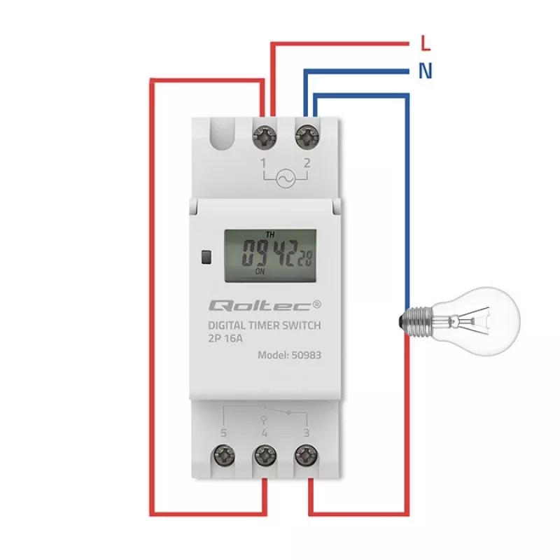 DIN bėgelio elektroninis laikmatis QOLTEC 50983, maitinamas baterija, automatikos grandinėms