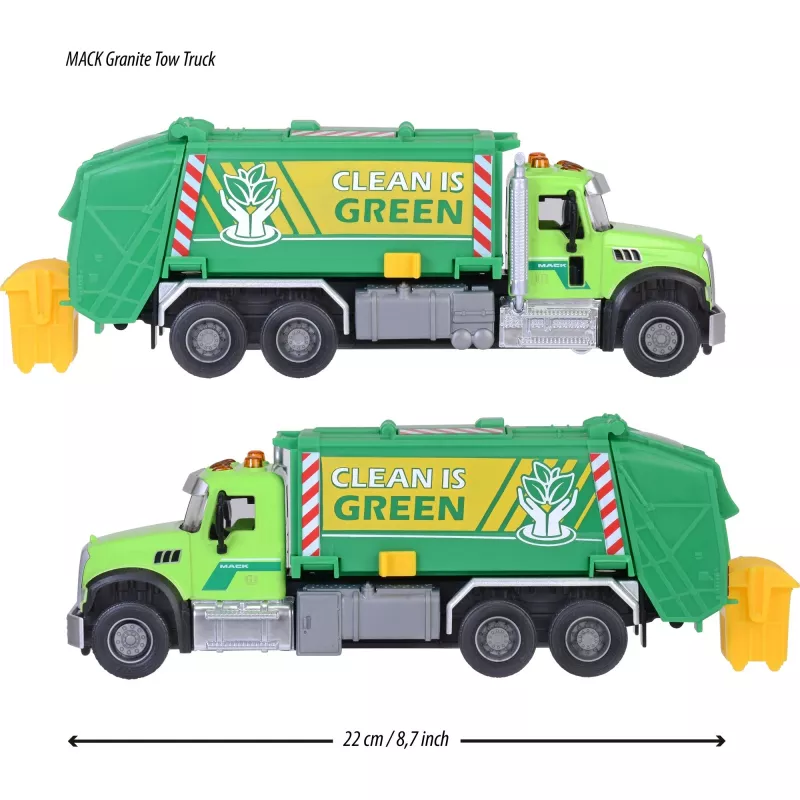 Žaislinis automobilis Majorette Mack Granite šiukšliavežis modelis 213743007, liejimo skalės žaislas