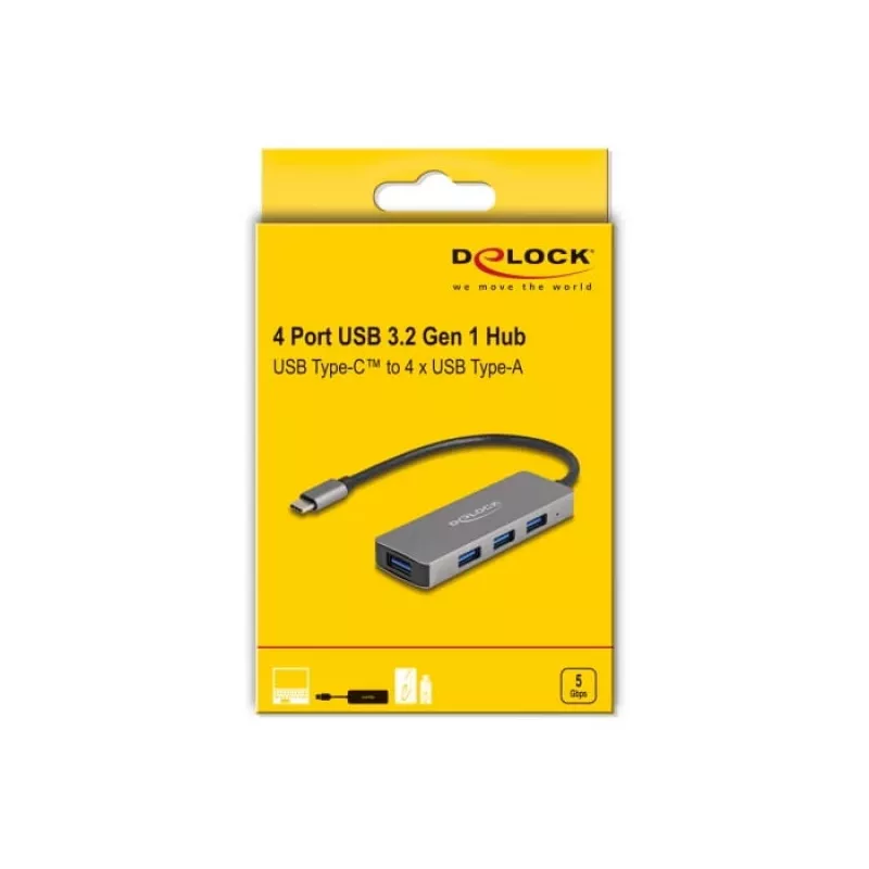 DeLOCK 63173 USB 3.2 Gen 1 šakotuvas, USB Type-C, 4× USB-A, 5000 Mbit/s, juodas