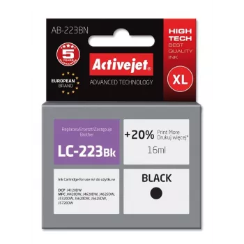 Suderinama kasetė ActiveJet AB-223BN juoda, pigmentinis rašalas, 16 ml, didelės talpos (XL), skirta Brother LC-223Bk