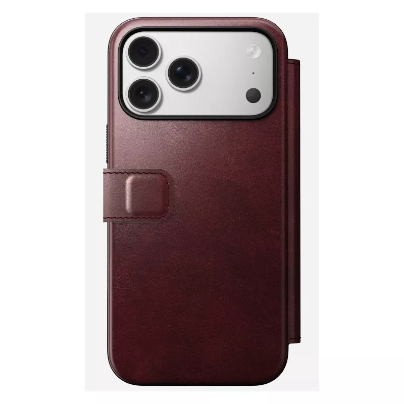 Mobilaus telefono dėklas Nomad Modern Leather Folio, skirtas iPhone 17 Pro Max – oda, TPU, PC, aliuminis, bordo spalvos, 16 cm (6,3 colio)