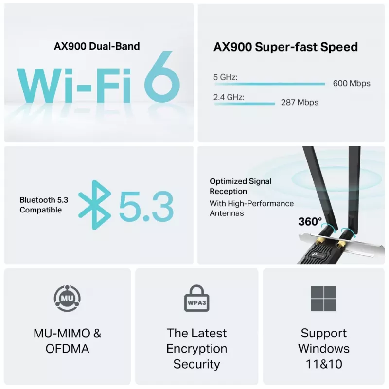 TP-LINK Archer TX10E AX900 belaidis tinklo adapteris PCIe Wi-Fi 6 Bluetooth