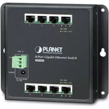 PLANET WGS-803 - 8 prievadų nevaldomas Gigabit Ethernet komutatorius, skirtas montavimui ant DIN bėgio arba sienos, maitinimas nuolatinės srovės