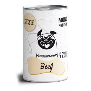 Šlapias šunų ėdalas PAKA ZWIERZAKA Pepe Beef 400 g – pilnavertis konservuotas ėdalas suaugusiems šunims