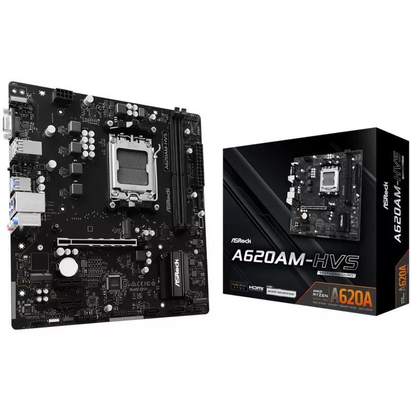 Motininė plokštė ASRock A620AM-HVS Micro ATX – AMD A620A, Socket AM5, DDR5, 2 DIMM, iki 128 GB, HDMI 2.1, M.2 2280