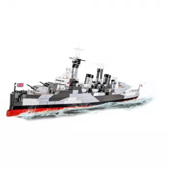 Konstrukcinis žaislas Cobi HMS Belfast 1:300 mastelio modelis COBI-4844, demonstruojamas istorinio Karališkojo laivyno lengvojo kreiserio modelis