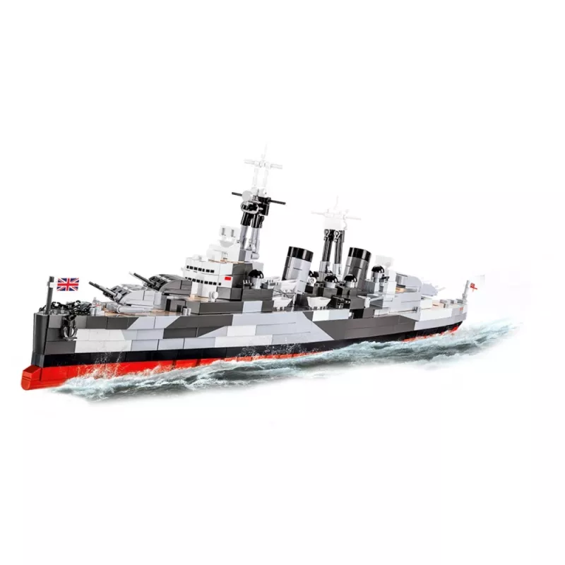 Konstrukcinis žaislas Cobi HMS Belfast 1:300 mastelio modelis COBI-4844, demonstruojamas istorinio Karališkojo laivyno lengvojo kreiserio modelis