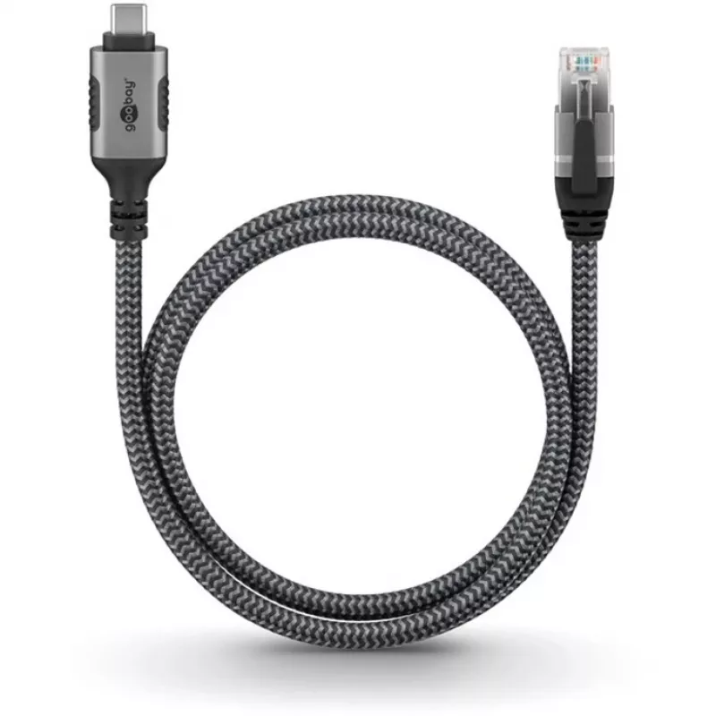 Ethernet kabelis USB-C 3.2 Gen2 kištukas > RJ-45 kištukas, LAN adapteris juodas/sidabrinis, 2 m, pintas tekstilinis apvalkalas