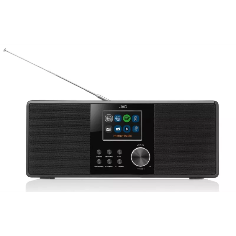 Internetinis radijas JVC RA-E981B – Wi‑Fi ir Bluetooth srautinis perdavimas, DAB+, FM, 2x5W, 40 išankstinių nustatymų, USB, AUX, LCD ekranas