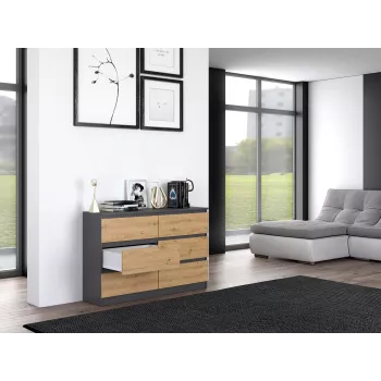Komoda Top e shop M6 120 — Antracitas/Ąžuolas, 6 stalčių, 1200×300×770 mm, medžio drožlių plokštė
