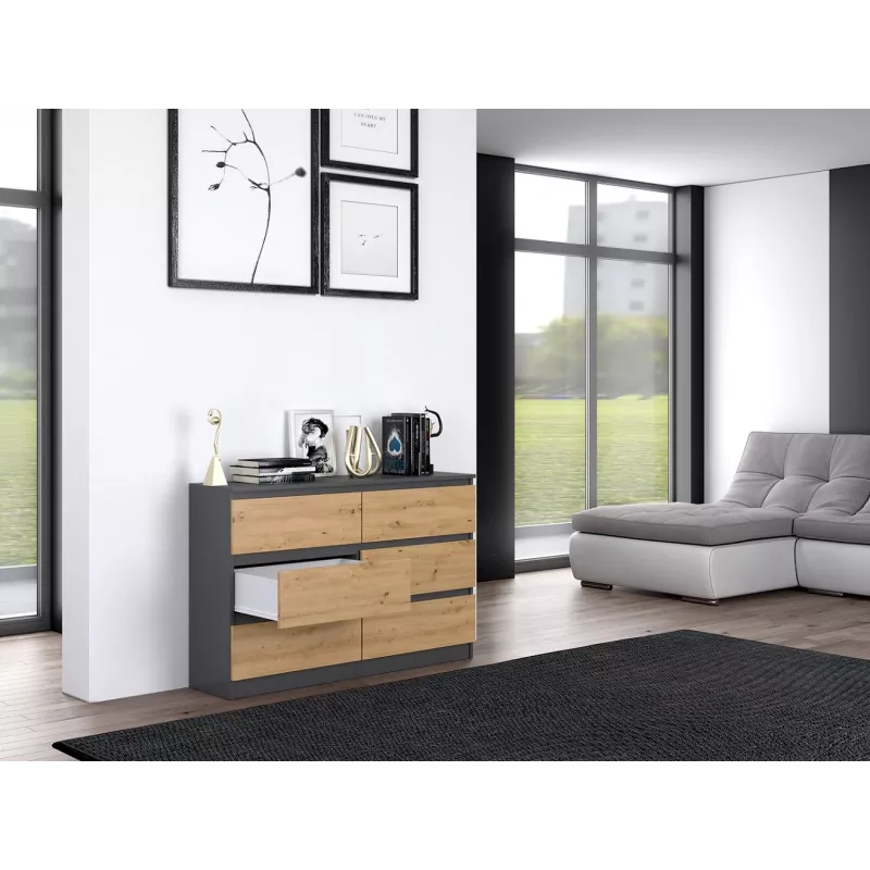 Komoda Top e shop M6 120 — Antracitas/Ąžuolas, 6 stalčių, 1200×300×770 mm, medžio drožlių plokštė