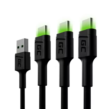 USB-C laidas Green Cell KABGCSET02 1,2 m (USB A į USB C, 2,4 A, 480 Mbps) 3 vnt. komplektas su LED apšvietimu
