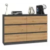 Komoda Top e shop M6 120 — Antracitas/Ąžuolas, 6 stalčių, 1200×300×770 mm, medžio drožlių plokštė