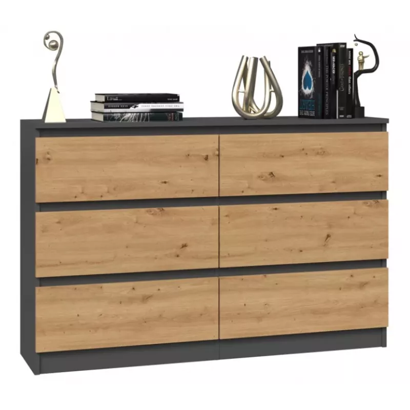 Komoda Top e shop M6 120 — Antracitas/Ąžuolas, 6 stalčių, 1200×300×770 mm, medžio drožlių plokštė