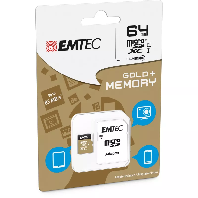 EMTEC Gold+ microSDXC atminties kortelė 64GB Class 10 su SD adapteriu (ECMSDM64GXC10GP)
