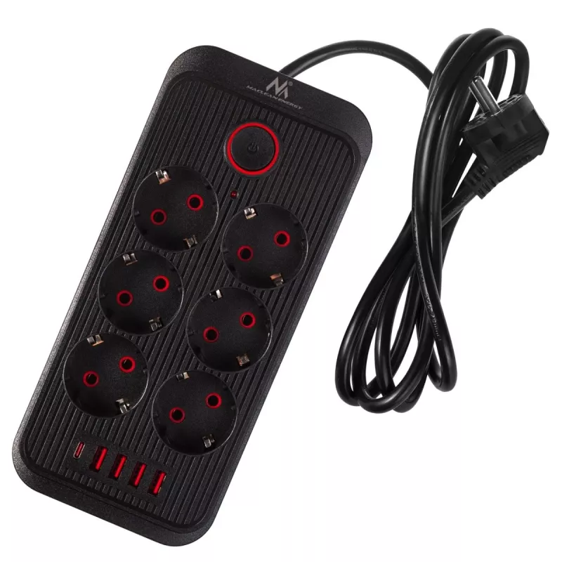Maitinimo blokas MACLEAN MCE389 B — 6 lizdai, 4×USB-A + 1×USB-C, 110–240V, 2.1A, 2500W, 1.5 m laidas, juodas