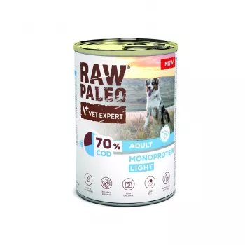Šlapias šunų ėdalas VETEXPERT Raw Paleo Cod Light Adult, konservuotas 400 g, žuvies skonio, 11,3% baltymų, 1,7% riebalų