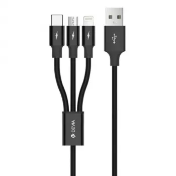 USB 3-in-1 įkrovimo ir duomenų kabelis Devia Kintone Series – Lightning, Micro-USB, USB-C, 1,2 m, juodas