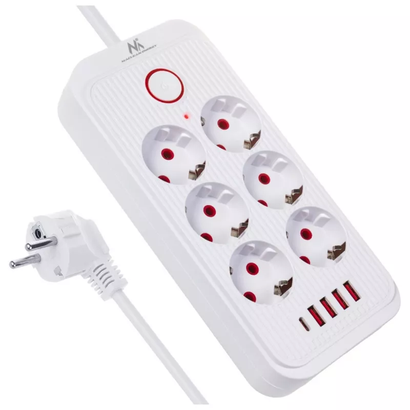 Ilgintuvas MACLEAN MCE391 W — 6 kištukinių lizdų, 4×USB-A + 1×USB-C, 3 m laidas, 110–240V, 2500W, baltas