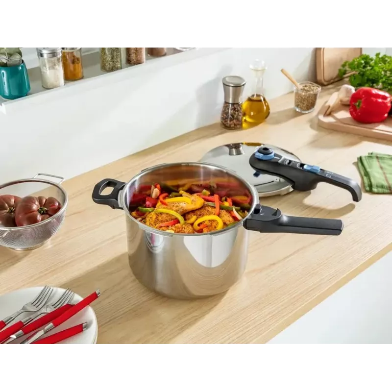 Slėginė viryklė Tefal SECURE TRENDY 6 L su nerūdijančio plieno garinimo krepšeliu, indukcijai tinkama