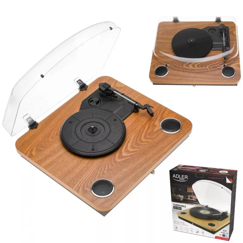Patefono grotuvas Adler AD 1914 analoginis bėginės pavaros su USB, keramine plokštele, DC varikliu, 33 1/3 aps./min., Bluetooth 5.4, RCA išėjimais, įmontuotais garsiakalbiais