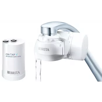 Vandens filtras čiaupui BRITA ON TAP V CU CE2 (1052067) — 4 pakopų, 600 L, 3 režimai, 5 adapteriai, baltas