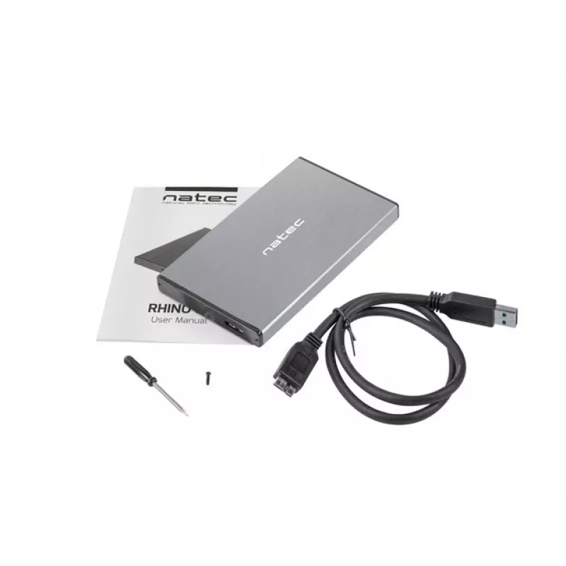 Išorinis HDD/SSD korpusas NATEC Rhino GO — 2,5 colio SATA, 9,5 mm, USB 3.0, aliuminis, pilkas, iki 4 TB