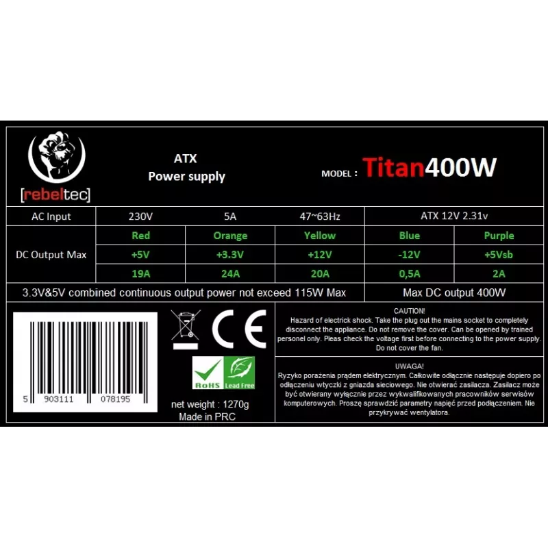 Rebeltec RECZAS00002 400W ATX maitinimo blokas