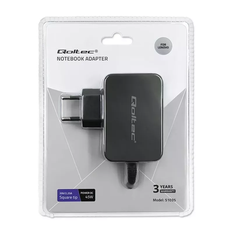 Qoltec 51035 maitinimo blokas Lenovo įrenginiams, 45 W, 20 V 2,25 A, Slim tip+pin, patalpoms, juodas
