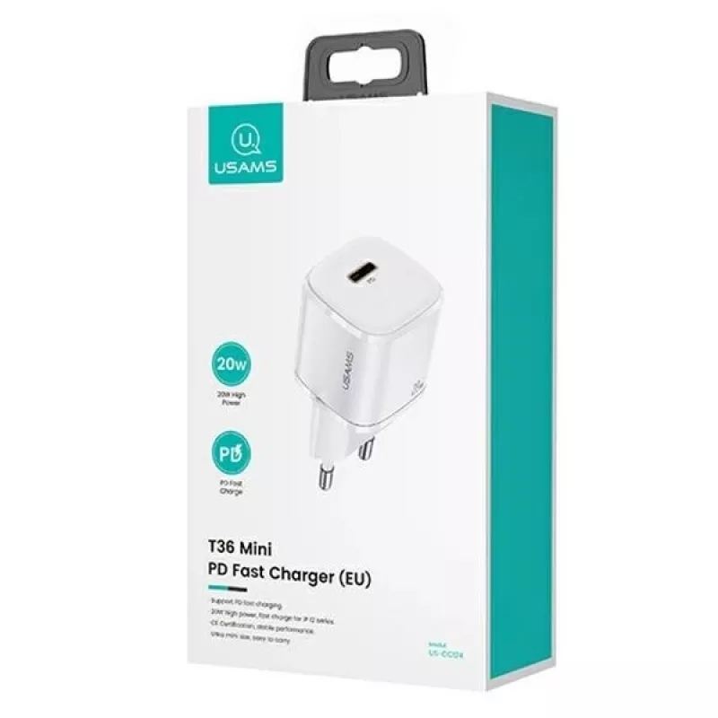 USAMS T36 mini USB-C tinklo įkroviklis, 20 W, PD 3.0, su 1 m USB-C – Lightning kabeliu