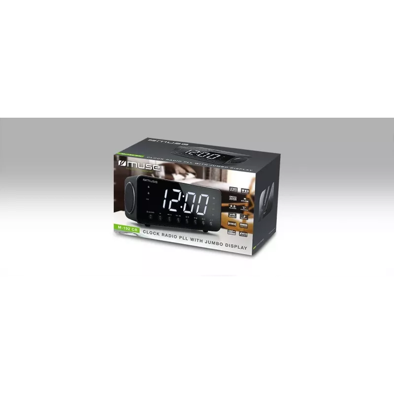 Radijo laikrodis Muse M-192 CR – skaitmeninis laikrodis, FM imtuvas, 1,8 colio LED ekranas, juodo medžio spalva, AC 100–240V, AAA atsarginė baterija