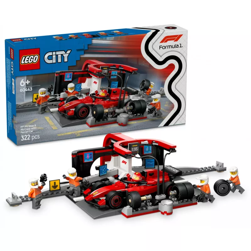 LEGO City F1 Pit Stop 60443 – Ferrari F1 automobilis, 322 dalys, 5 minifigūrėlės, 6+