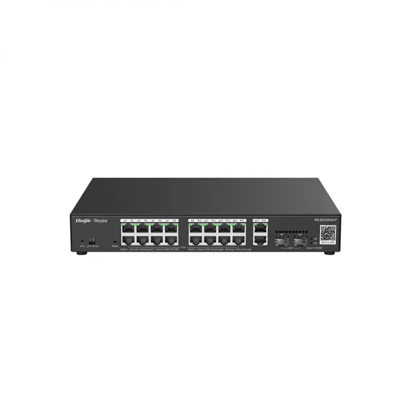 Ruijie Reyee RG-ES220GS-P L2 valdomas Gigabit PoE komutatorius, 20 prievadų (18x GE 10/100/1000, 16x PoE+, 2x SFP), 250 W, Cloud, juodos spalvos
