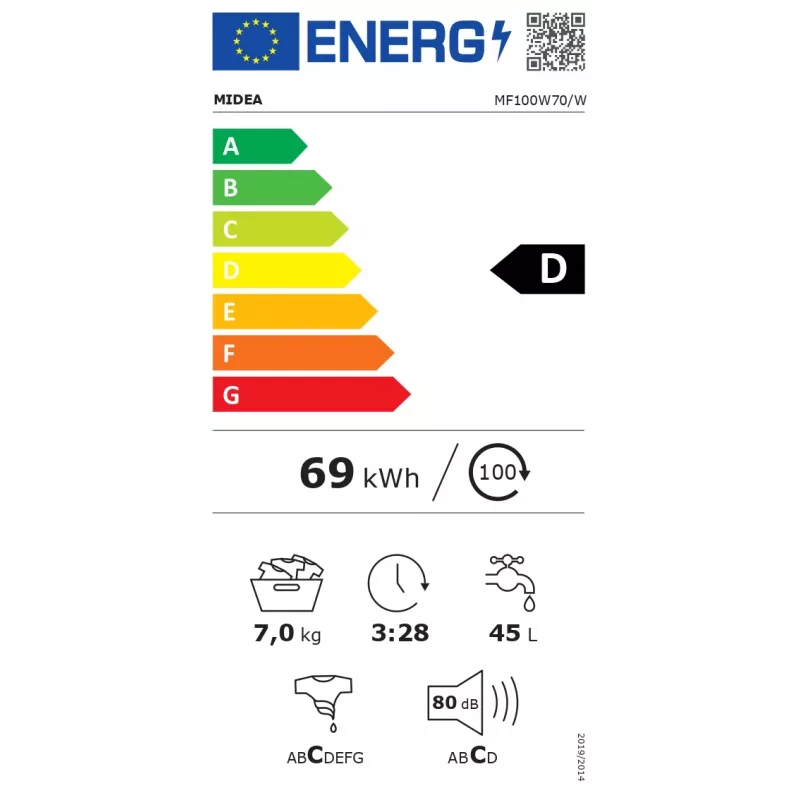 Skalbimo mašina su priekiniu pakrovimu Midea MF100W70/W – 7 kg, 1200 aps./min., energijos klasė D, 60 cm plotis