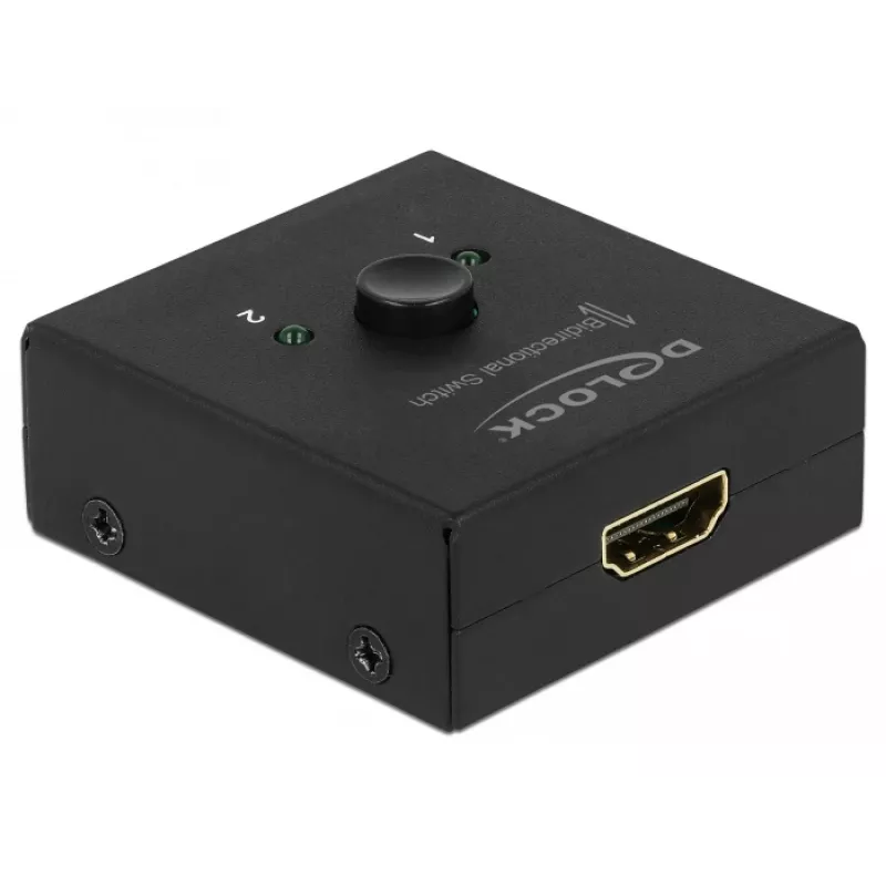 DeLock HDMI 2:1 dvipusis jungiklis 4K 60 Hz kompaktiškas – Mažmeninė dėžutė – Vaizdo/garso perjungiklis – 2 x HDMI – stalinis (64072)
