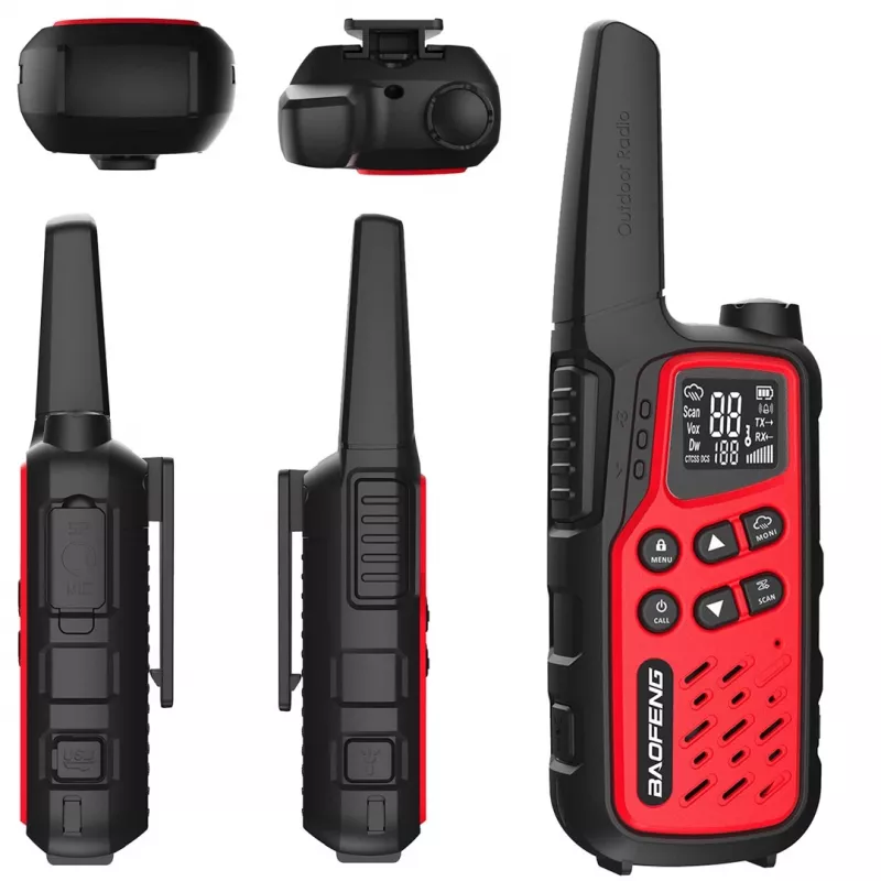Nešiojamos racijos Baofeng BF-T25E — 16 kanalų, 0,5 W, Li-Ion 1400 mAh, rinkinys 2 vnt. (raudonos)
