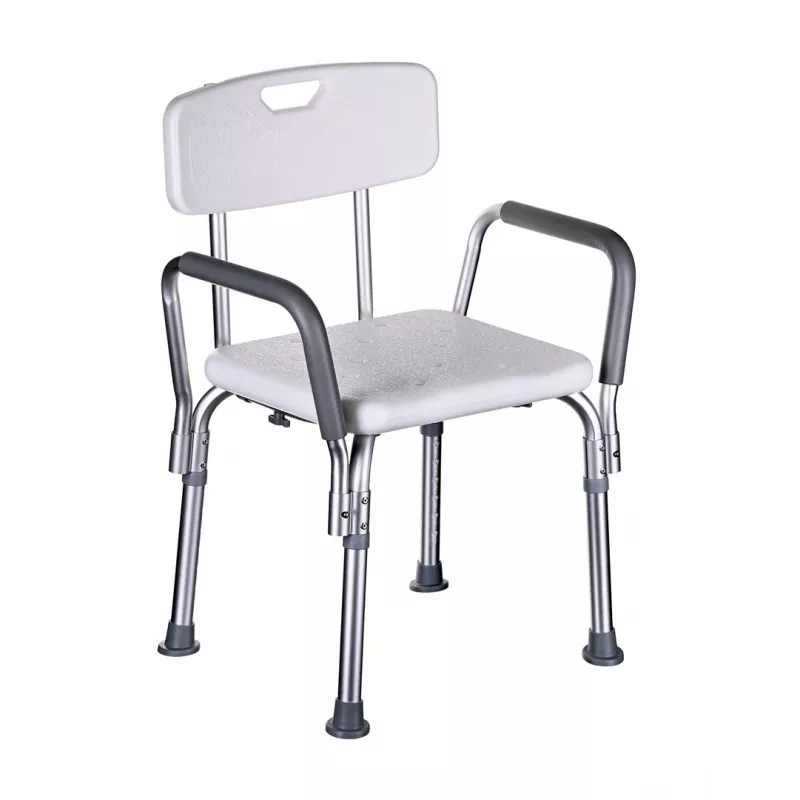 Kėdė dušui ActionMed KP300AM su atlošu ir porankiais, polipropilenas, reguliuojamas aukštis 43–56 cm, sėdynė 40×33 cm, max svoris 110 kg