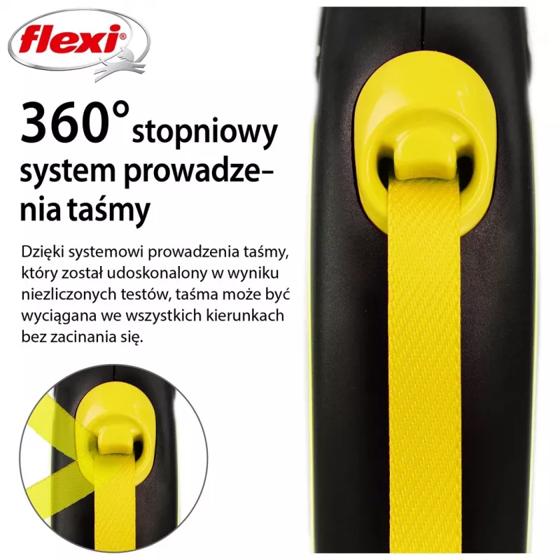 Ištraukiamasis pavadėlis Flexi New NEON 5 m – juostinis pavadėlis mažiems šunims iki 15 kg, juodai geltonas