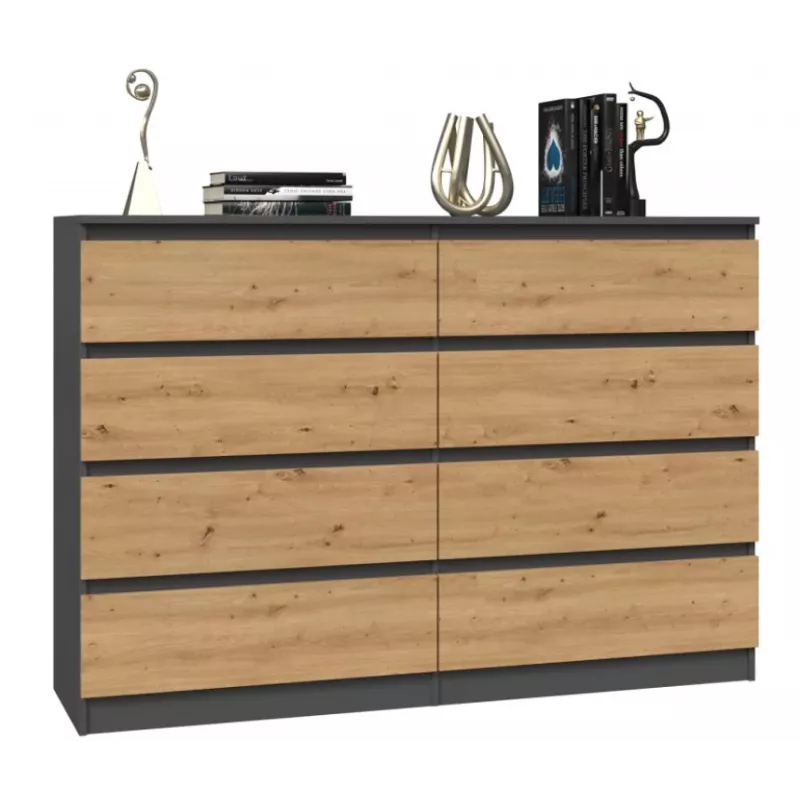 Komoda Top e shop M8 140 ANT/ART — 8 stalčių, Antracitas/Ąžuolas, 1380×400×970 mm, Medienos drožlių plokštė