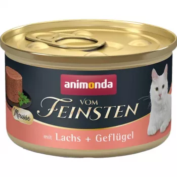 Šlapias kačių ėdalas animonda Vom Feinsten Lašiša ir Paukštiena Be Grūdų 85 g skardinė, suaugusioms katėms, be glitimo, be sojos
