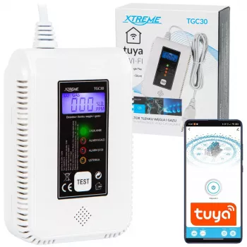 Anglies monoksido ir dujų detektorius BLOW TGC30 WiFi Tuya su LCD, 85 dB, laidinis, paviršinis montavimas, baltas