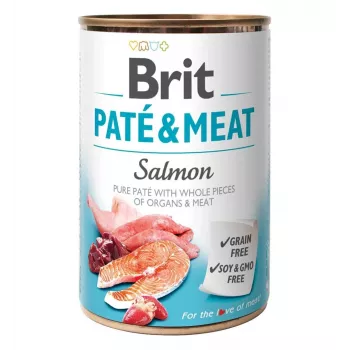 Šlapias šunų ėdalas Brit Paté & Meat with Salmon 400 g – pilnavertis konservuotas maistas suaugusiems šunims